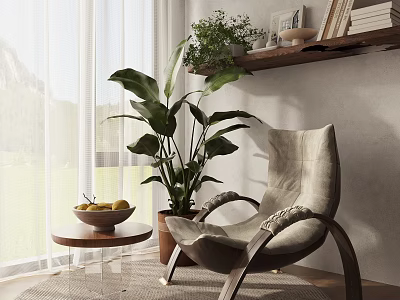 Modern Living Room Armchair With Potted Plant And Round Wooden Side Table 3d model