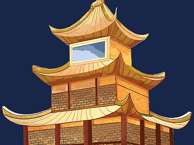 Ancient Chinese Pagoda With Golden Roof Multi Layered Eaves And Brick Structure Window 3d model