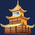 Ancient Chinese Pagoda With Golden Roof Multi Layered Eaves And Brick Structure Window