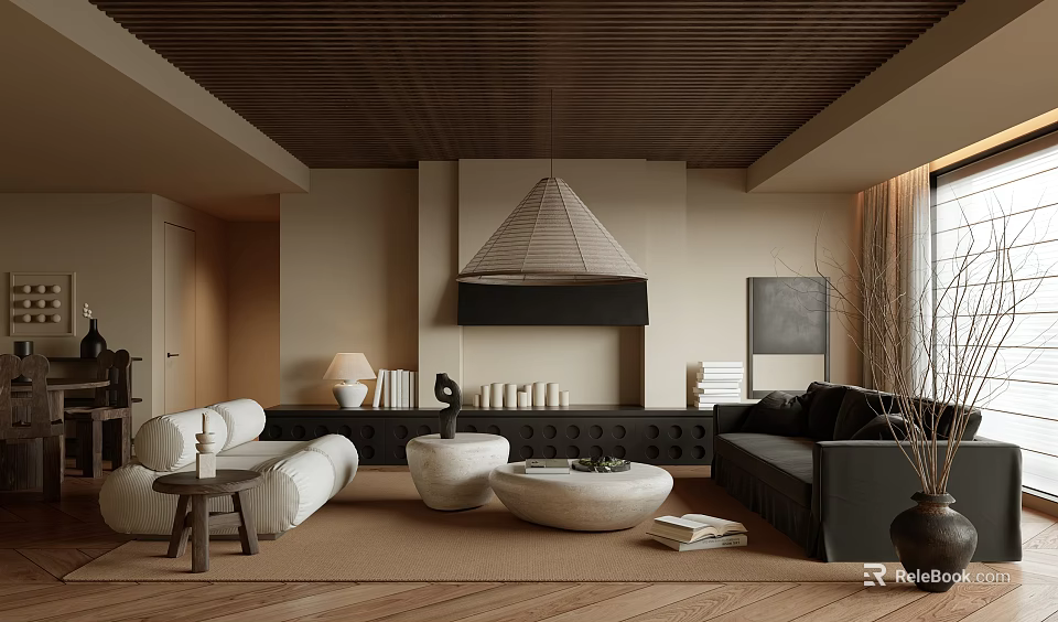 Modern Living Room Interior Design With Dark And Light Sofas Wooden Ceiling And Coffee Tables 3d model 