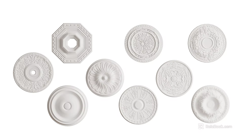 White Ceiling Medallions With Various Decorative Designs 3d model 