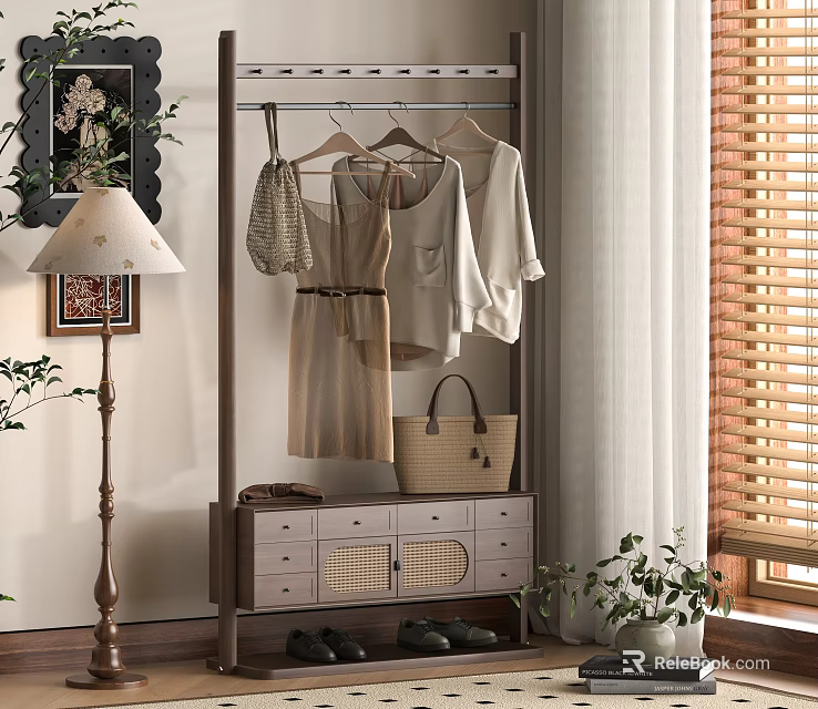 Modern Interior With Clothes Rack Hanging Dresses Blouses Handbag Shoes Potted Plants And Floor Lamp 3d model 