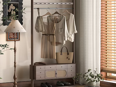 Modern Interior With Clothes Rack Hanging Dresses Blouses Handbag Shoes Potted Plants And Floor Lamp 3d model
