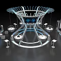 Interactive Futuristic Exhibition Booth With LED Screens Suspended Spherical Installations And Blue Lighting