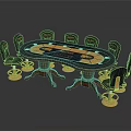 Round Wooden Poker Entertainment Table With Black Chairs Golden Legs And Colorful Felt Surface