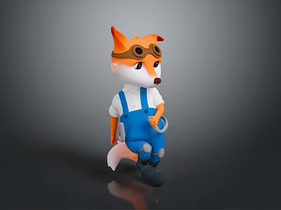 Cartoon Fox Character In Blue Overalls With Goggles And White Shirt Holding Tool 3d model