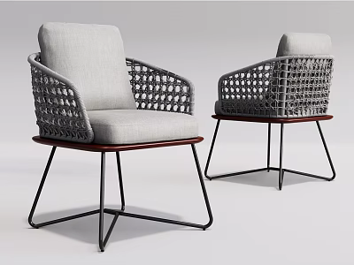 Modern Leisure Chair With Woven Armrest Gray Cushion Red Wooden Base And Metal Legs 3d model