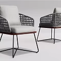 Modern Leisure Chair With Woven Armrest Gray Cushion Red Wooden Base And Metal Legs