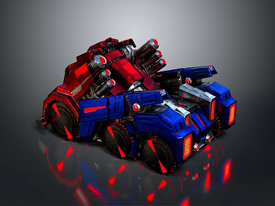 Futuristic Red And Blue Mechanical Vehicle With Multiple Cannons Large Wheels And Red Glowing Accents 3d model