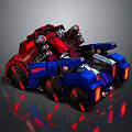 Futuristic Red And Blue Mechanical Vehicle With Multiple Cannons Large Wheels And Red Glowing Accents