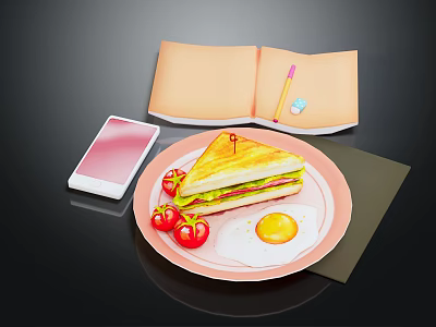 Delicious Breakfast Plate With Sandwich Fried Egg Cherry Tomatoes Notebook And Phone On Black Mat 3d model