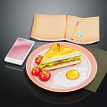 Delicious Breakfast Plate With Sandwich Fried Egg Cherry Tomatoes Notebook And Phone On Black Mat