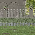 Beautiful Garden Yard With White Iron Fence Trimmed Hedge Green Lawn And Flower Pots