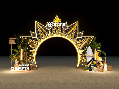 Corona Sunset Sessions Beach Setup With Decorative Arch Palm Trees And Surfboard 3d model