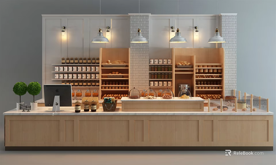 Modern Dessert Shop Interior With Open Wooden Counter And Pastry Display Shelves 3d model 