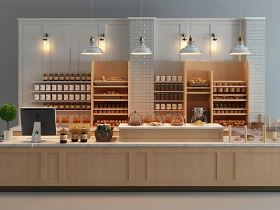 Modern Dessert Shop Interior With Open Wooden Counter And Pastry Display Shelves 3d model