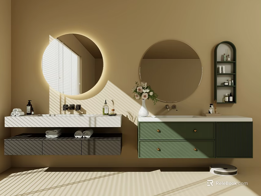 Wall Mounted Bathroom Vanity With White Green Cabinets Marble Countertop Round Mirrors and Decorative Vase 3d model 