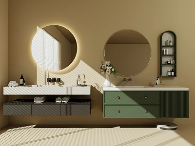 Wall Mounted Bathroom Vanity With White Green Cabinets Marble Countertop Round Mirrors and Decorative Vase 3d model