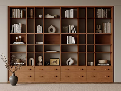 Modern Brown Bookcase With Multi Grid Design Bottom Drawers Books And Decorative Items 3d model