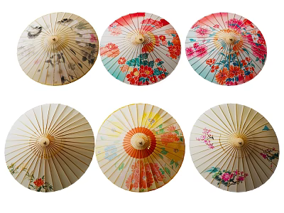 Colorful Oil Paper Umbrellas With Various Floral Bird Patterns And Unique Designs 3d model