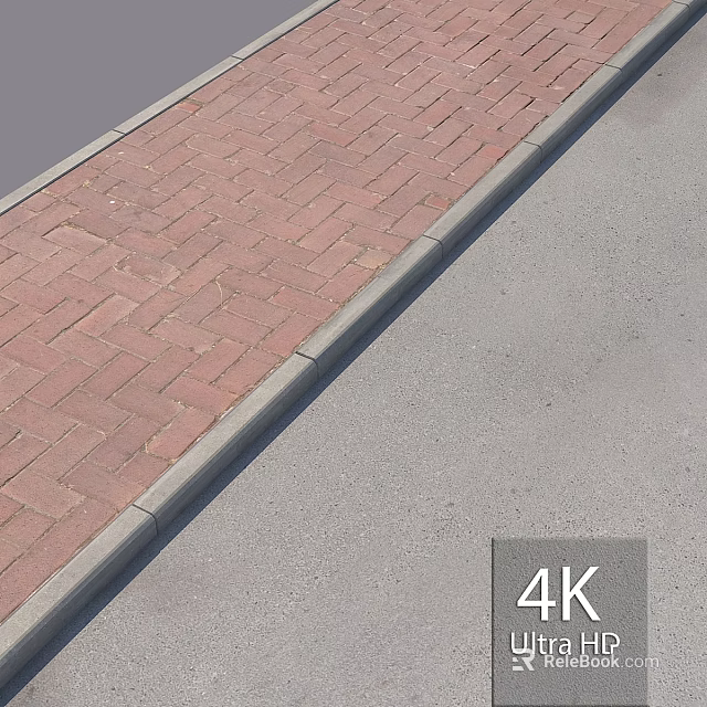 Ground Surface Featuring Red Brick Herringbone Pattern Sidewalk Gray Curb And Asphalt Road 3d model 
