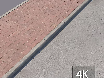 Ground Surface Featuring Red Brick Herringbone Pattern Sidewalk Gray Curb And Asphalt Road 3d model