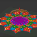 Decorative Wooden Table Featuring Traditional Oil Lamp And Vibrant Rangoli Patterns