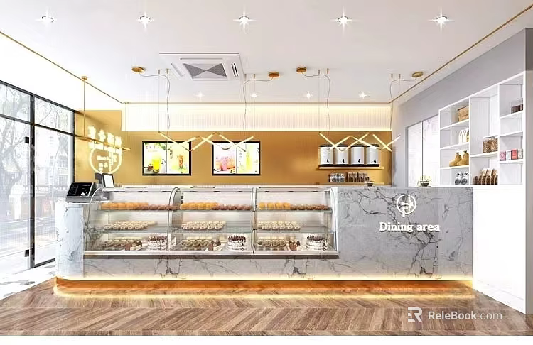 Bubble Tea Shop Interior With Marble Counter Display Case And Hanging Lights Dining Area 3d model