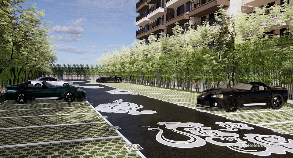Eco Friendly Parking Lot With Green Trees And Decorative Ground Patterns Near High Rise Buildings 3d model 