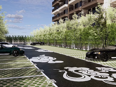 Eco Friendly Parking Lot With Green Trees And Decorative Ground Patterns Near High Rise Buildings 3d model