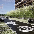 Eco Friendly Parking Lot With Green Trees And Decorative Ground Patterns Near High Rise Buildings