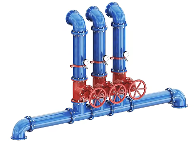 Blue Pipes With Red Wheel Handle Valves In Industrial Piping System 3d model