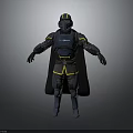 Futuristic Armored Character Standing In Dark Blue Armor With Yellow Accents And Cloak