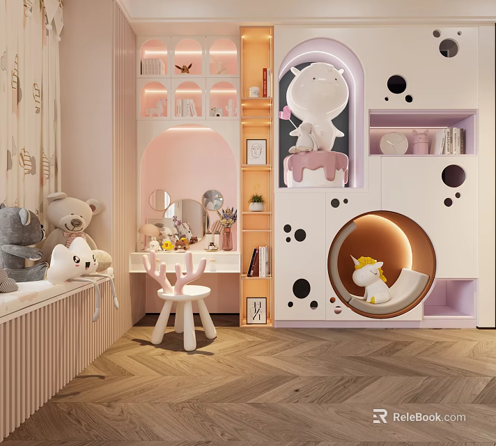 Kids Room Pink And White Wardrobe With Unicorn Doll Round Window Design Storage Shelves 3d model 