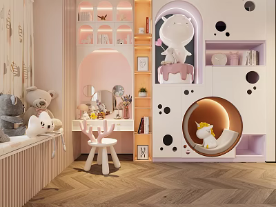 Kids Room Pink And White Wardrobe With Unicorn Doll Round Window Design Storage Shelves 3d model