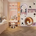 Kids Room Pink And White Wardrobe With Unicorn Doll Round Window Design Storage Shelves
