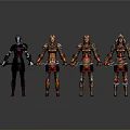 Women Wearing Different Armors Holding Weapons Standing In Gray Background Poses