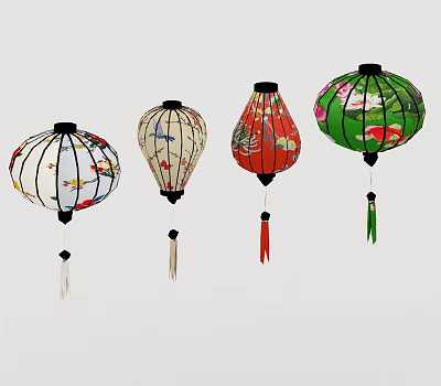 Colorful Lantern Shaped Chandeliers With Various Fish Patterns And Tassel Decorations 3d model
