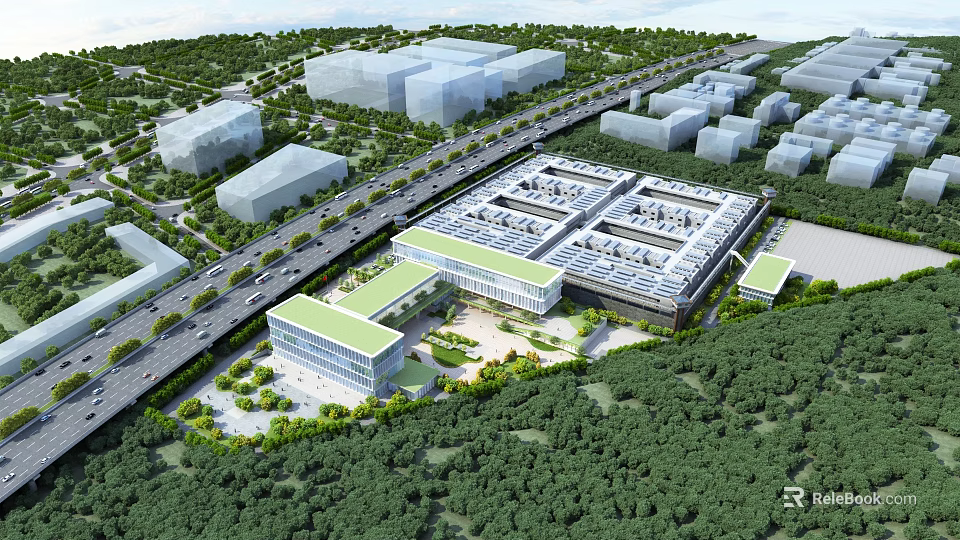 Aerial Planning of Modern Industrial Park with Road Network and Green Spaces 3d model 