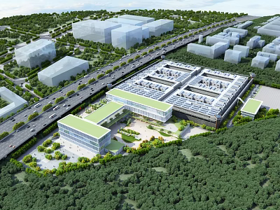 Aerial Planning of Modern Industrial Park with Road Network and Green Spaces 3d model