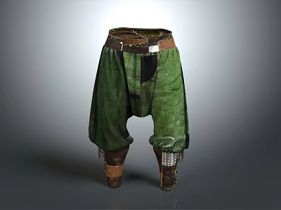 Traditional Green Pants Featuring Brown Belt Leather Boot Covers And Stitching Details 3d model