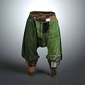 Traditional Green Pants Featuring Brown Belt Leather Boot Covers And Stitching Details