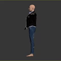 Bald Man in Black Leather Jacket Plaid Shirt Blue Jeans Barefoot Arms Outstretched Dark Background