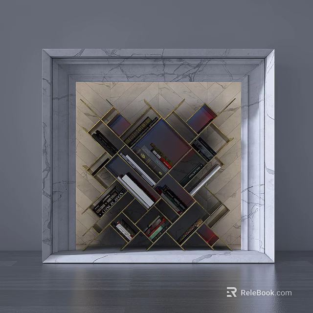 Tech Exhibition Hall Featuring Marble Frame And Interlaced Display Shelves Structure 3d model 