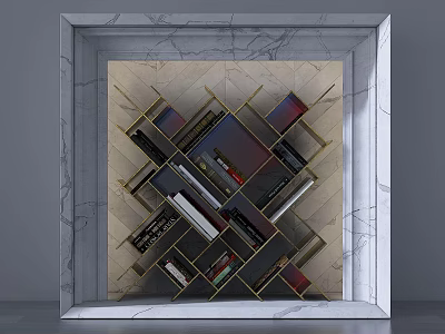 Tech Exhibition Hall Featuring Marble Frame And Interlaced Display Shelves Structure 3d model
