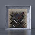Tech Exhibition Hall Featuring Marble Frame And Interlaced Display Shelves Structure