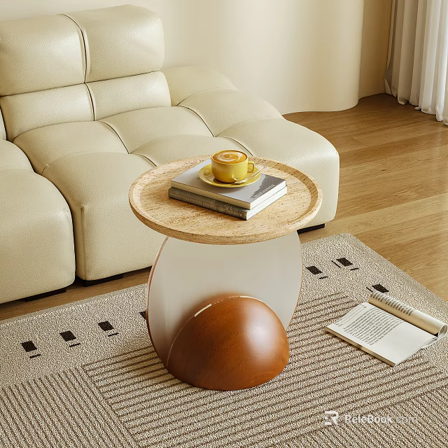 Modern Living Room Side Table With Round Woven Top Brown Base Coffee Cup And Books 3d model 