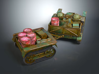 Green Tracked Military Vehicle With Red Fuel Cans And Vintage Design 3d model