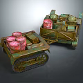 Green Tracked Military Vehicle With Red Fuel Cans And Vintage Design