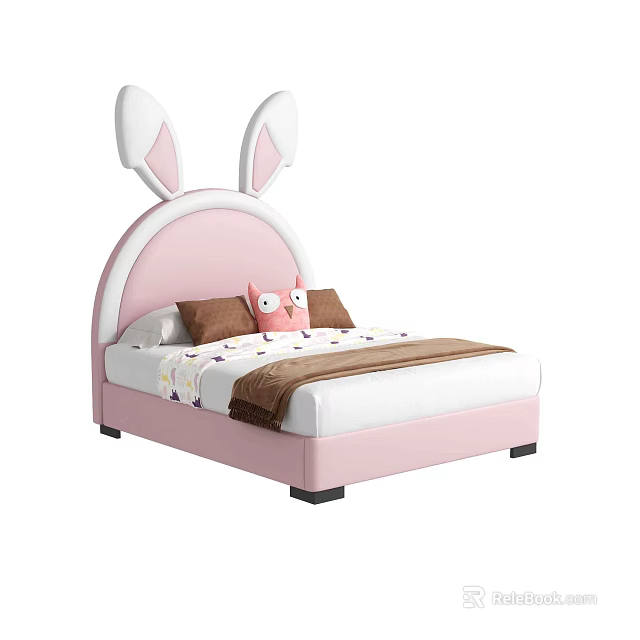 Adorable Kids Bed With Rabbit Ear Headboard Pink White Design And Soft Decorative Elements 3d model 